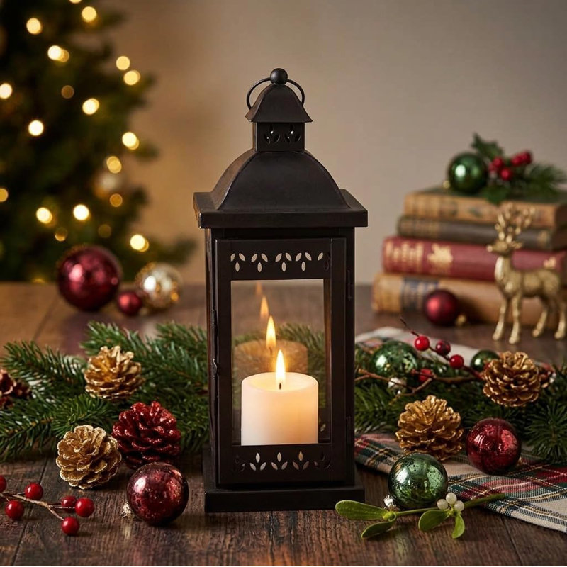 Lanterne en verre transparent de 15 po Hosley - Grand porte-bougie décoratif de style classique noir pour mariages, fêtes, aromathérapie, spa, bougies DEL, cadeau de décoration intérieure