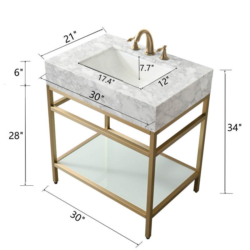 30" Natural Carrara Marble Console Bathroom Vanity with Sink, Gold Stainless Steel Frame and Glass Shelf, Gold, 30"