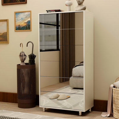 Armoire à chaussures à miroir avec 6 tiroirs rabattables, étagère à chaussures à miroir pour ranger de nombreuses chaussures, rangement pour chaussures à miroir avec 4 pieds en métal, ouverture de la porte à l'aide de la porte rabattable à la main