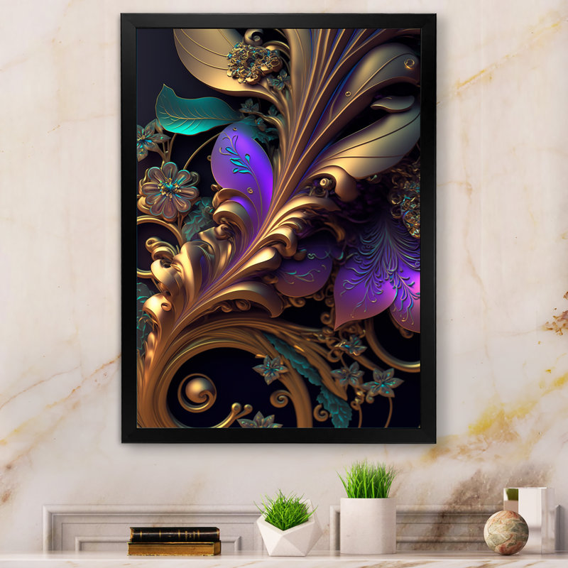 Fleurs abstraites ornées en mauve et or V - art mural floral, H 40 po x l 30 po x P 1,5 po, Toile avec cadre photo noir