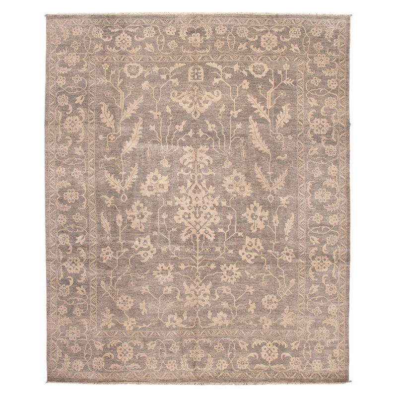 Tapis gris noué à la main unique 12 pi x 14 pi 11 po