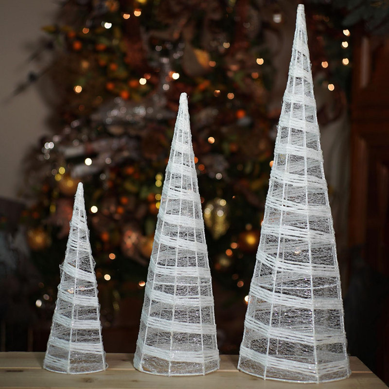 Décoration de table de Noël en forme d'arbre de Noël cône blanc et argent scintillant 23,5 po