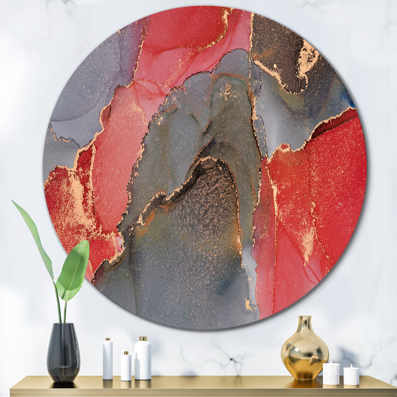 Gris et rouge, art abstrait fluide de luxe - cercle moderne en métal, art mural, H 29 po x l 29 po x P 1 po