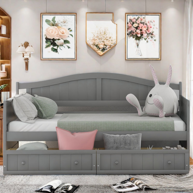 Wooden Daybed With 2 Drawers And Classic Arched Silhouette, Gray