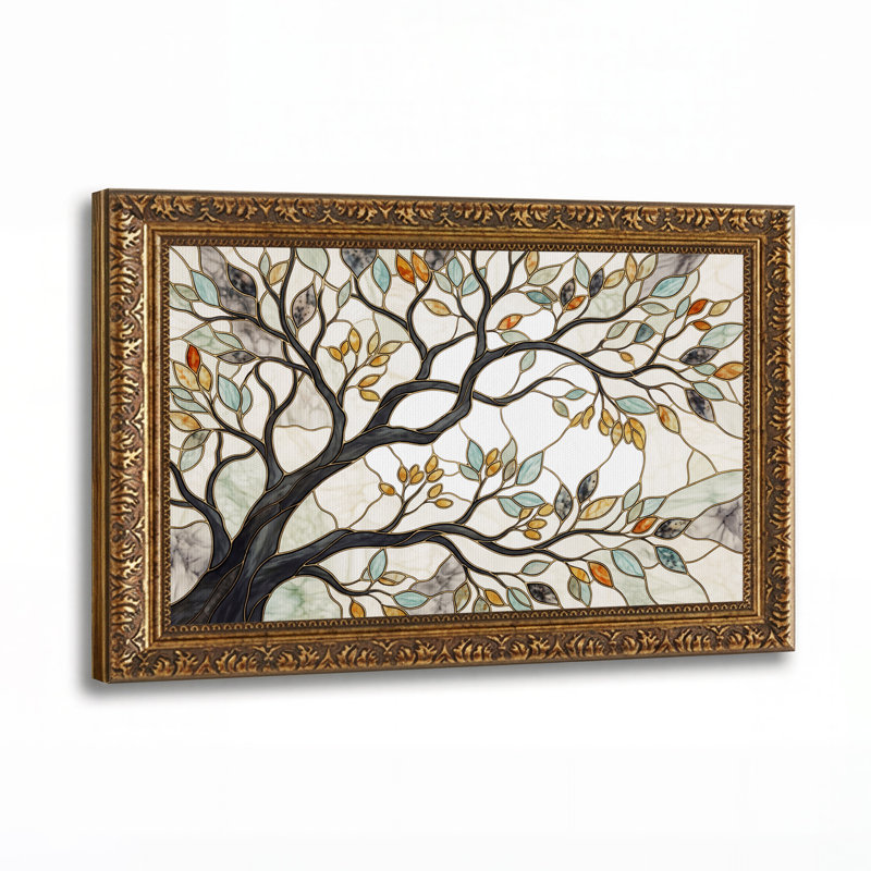 Tableau mural sur toile représentant un arbre de style vitrail aux feuilles turquoise et orange., 16"H x 24"W