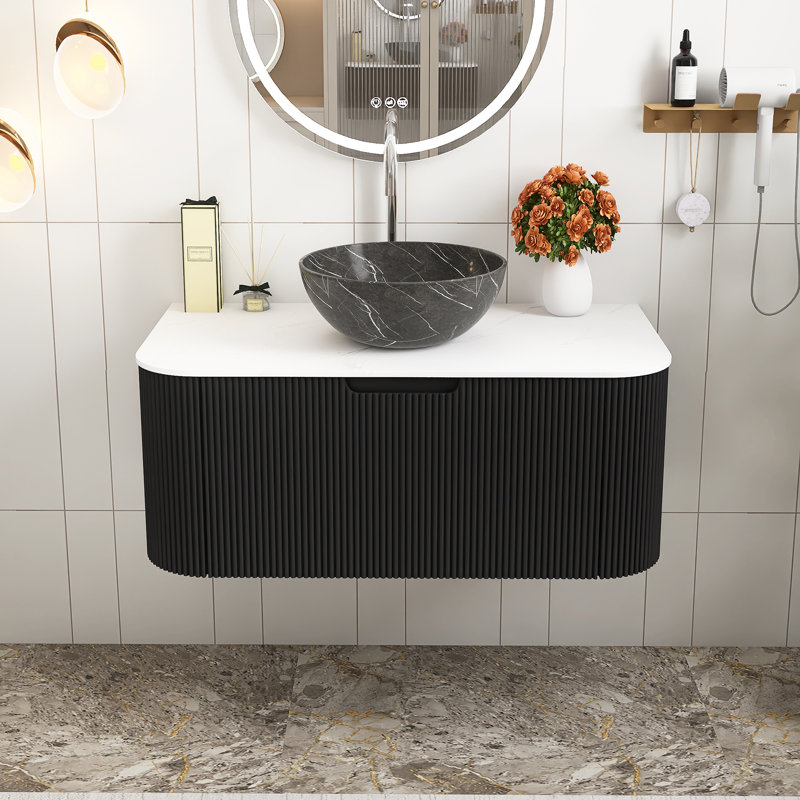 Lavabo de salle de bain mural en céramique, Noir, 36"