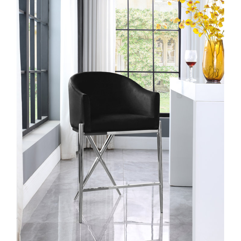 Tabouret de comptoir 26,5 po Xavier, Velours noir, Chrome chrome