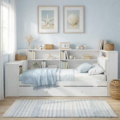 Twin Size Daybed With Trundle & Built-In Desk, Upholstered LED Headboard And Charging Shelves, Contemporary, Living Room