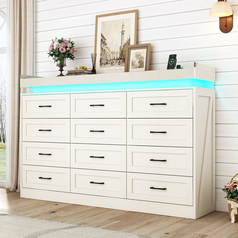 12 Drawer 71.00"W Dresser With LED Light And Charging Station, White