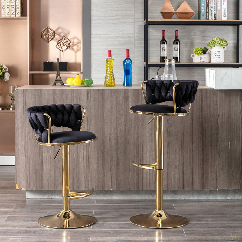 Ensemble de 2 tabourets de bar avec repose-pieds chromé et base pivotante à hauteur réglable en velours, Noir