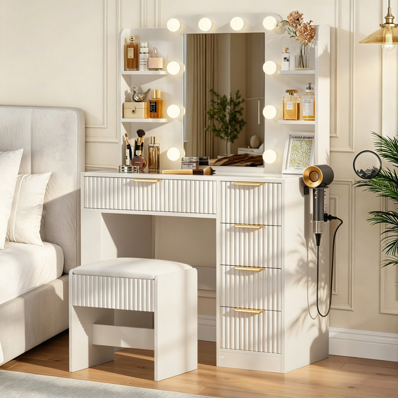 Modern Fluted Makeup Vanity Set with LED Bulb Mirror, Multi Storage Drawers & Matching Upholstered Stool