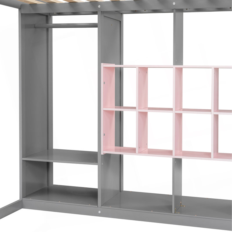 Lit mezzanine en bois pleine grandeur avec garde-robe, tablettes et armoire, gris, Lit double