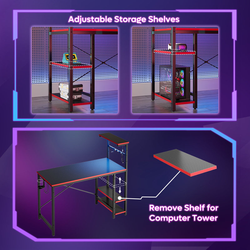Nedyo Gaming Desk with RGB LED Light, Computer Desk with 4 Tier Reversible Storage Shelves, Hooks, Cup holder and Magnets