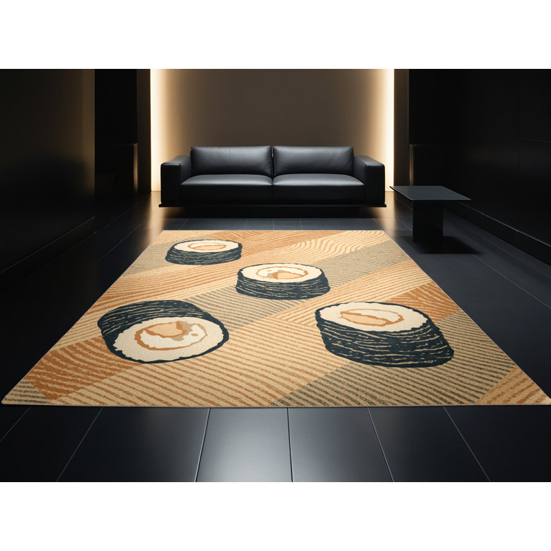 Machine Washable Higgins Sushi Roll Nautical Striped Rug in Brown – Beige Binding, 8x12
