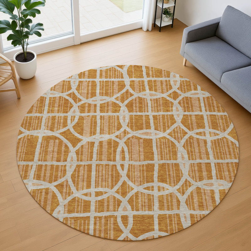 Machine Washable Indoor/Outdoor Chantille ACN2769 Geometric Rug, 8' Round, Curry