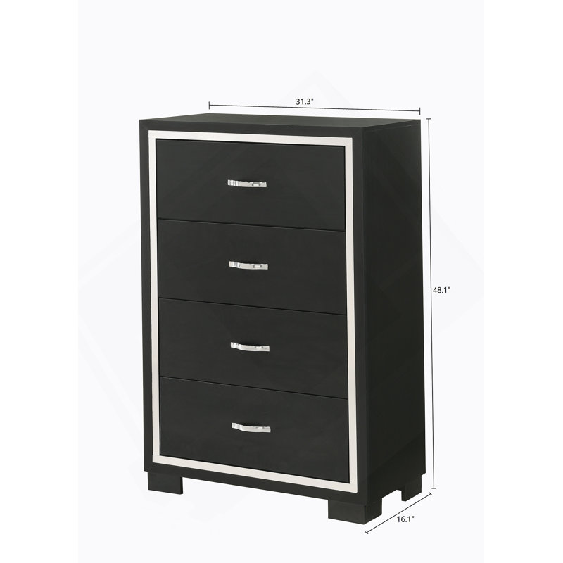 Meuble de chambre à coucher moderne à 1 tiroir Glam 4 tiroirs avec poignées en métal noir