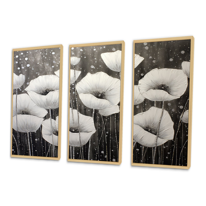 «Grey Poppies Silver Serenity» - ensemble d'art mural coquelicots, H 40 po x l 60 po x P 1 po, Cadre naturel flottant