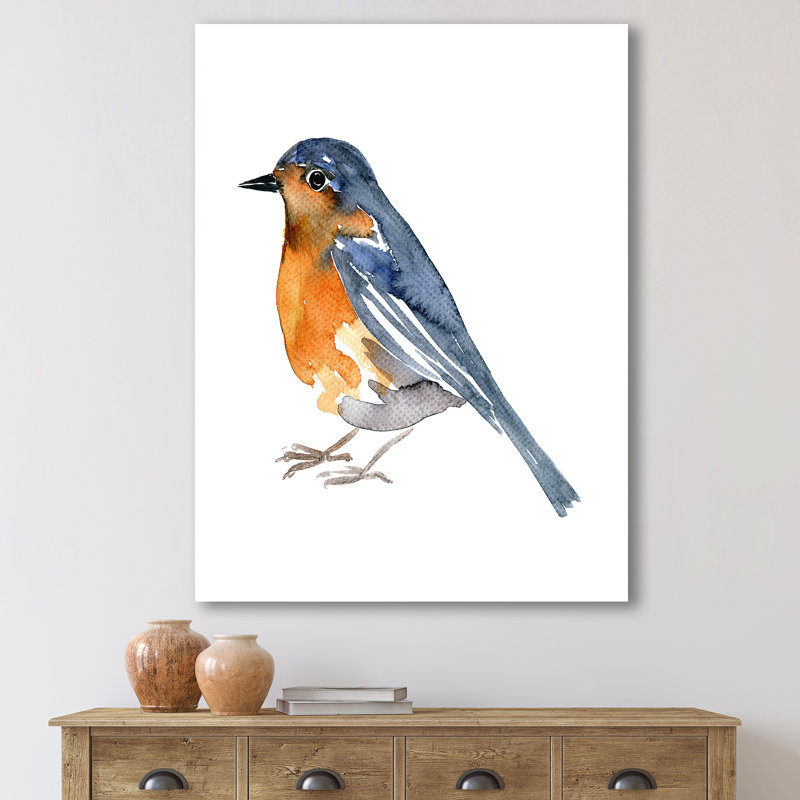 Oiseau orange rétro - peinture sur toile, H 32 po x l 16 po x P 1 po, Toile tendue