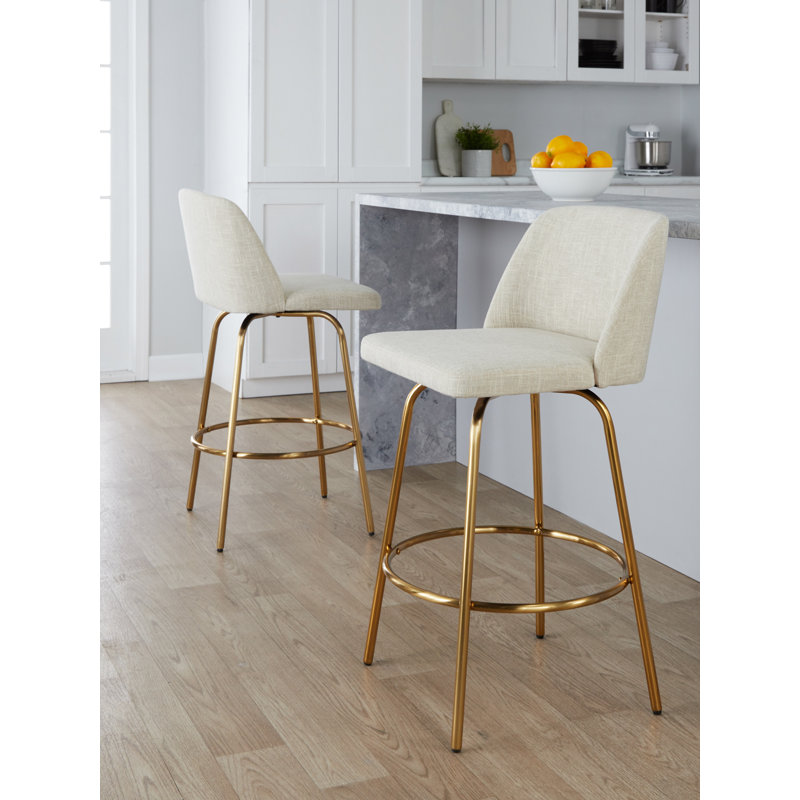 Cream Fabric and Gold Metal Swivel Counter Stools, 26" Seat Height