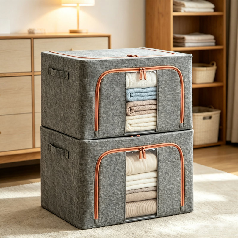 Hokku Designs, corbeille décorative en tissu, 2 paquets de bacs de rangement de vêtements avec cadre en métal pliable, gris