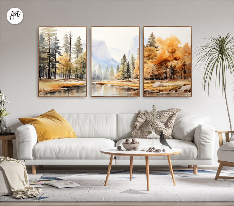 Ensemble de 3 impressions murales Yosemite National Park, Mountains Fall, Toile tendue, H 20 po x l 48 po x P 0,75 po