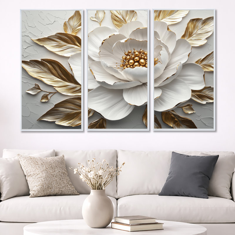 Ensemble de salon art mural pivoines blanches et dorées Bloom III, Toile encadrée flottée blanche, H 40 po x l 60 po x P 1 po