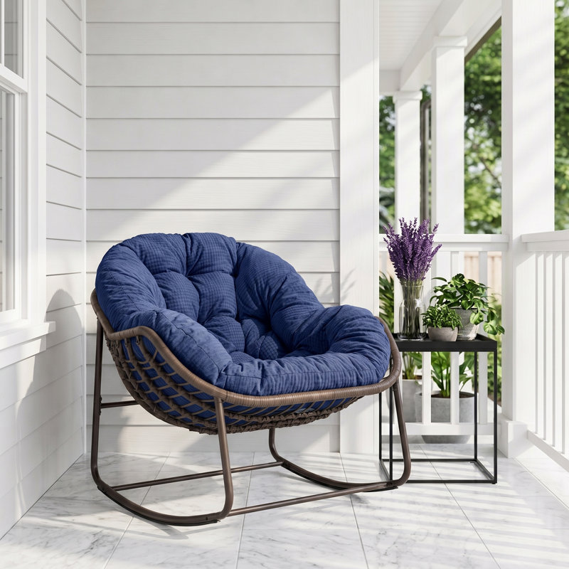 Chaise d'extérieur en acier thermolaqué, chaise d'extérieur en osier, Bleu