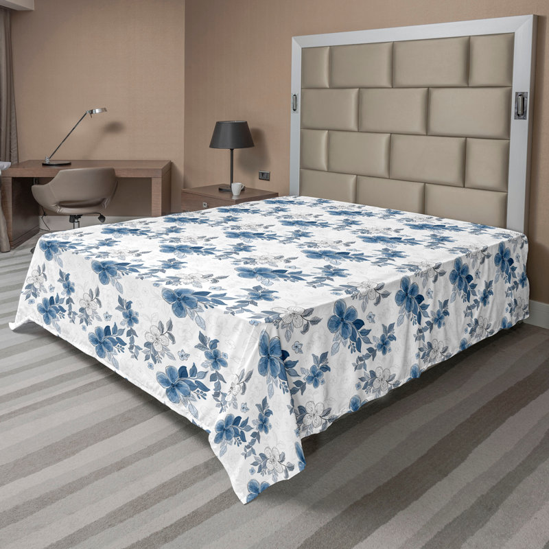 Drap plat moderne de style bohème Ambesonne, Drap plat grand, Turquoise foncé / motif floral bleu ardoise