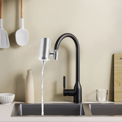 Modern 304 Stainless Steel Faucet Water Filter System – Dual Outlet Tap Purifier with 4 Filter Cartridges, High-Flow Kitchen Water Filtration for Drinking & Washing, Brushed Silver Finish
