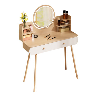 Bureau de coiffeuse avec miroir et lumières, petite coiffeuse de maquillage avec 2 tiroirs et armoire de rangement pour bijoux, 3 modes d'éclairage à luminosité réglable, coiffeuse pour chambre à coucher - chêne naturel