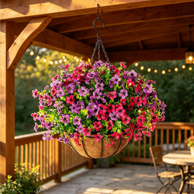 Artificial Silk Flowers Hanging Baskets Outdoors Indoors,Daisy with Eucalyptus Leaves Arrangement for Garden Yard Spring Summer Decor,Faux Green Plant in Metal Coconut Lining Flowerpot