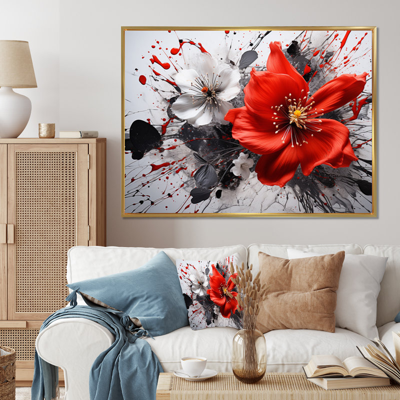 Red Grey Botanical Symphony I - Abstract Botanicals, reproduction d'art sur toile encadrée, H 24 po x l 32 po, Doré
