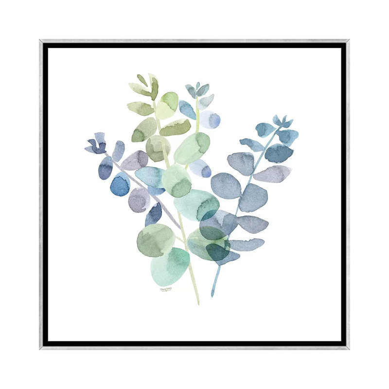«Natural Inspiration Blue Eucalyptus on White II» par Tara Reed - reproduction d'art, Toile avec cadre argenté, Aucun mat