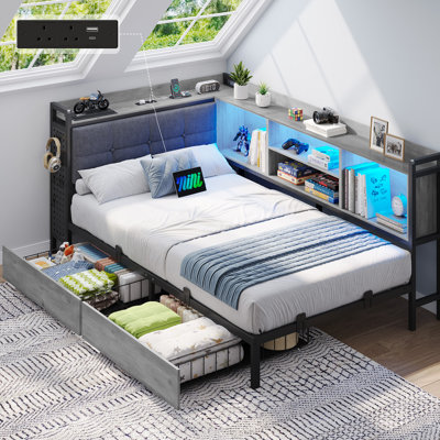 Single Bed Frame with Storage, 2 Drawers and Upholstered Headboard, 3ft Single Beds with Charging Station, LED Lights and Pegboard for Bedroom, Reversible Daybed/Corner Beds