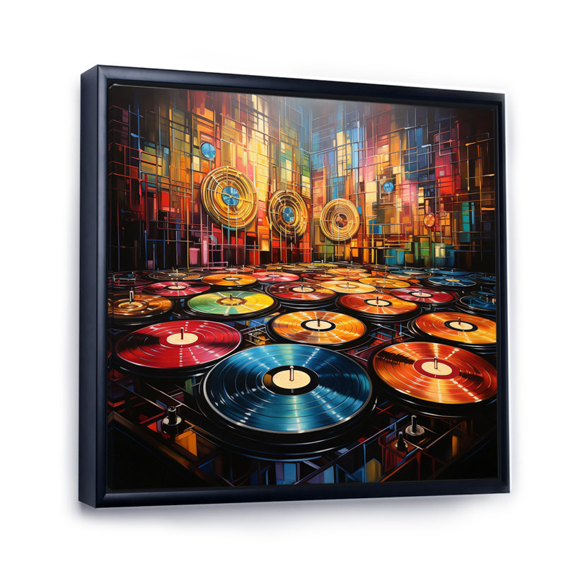 Vinyle Disque Rhythme II - Impressions sur toile, Cadre flottant noir, H 36 po x l 36 po x P 1,5 po