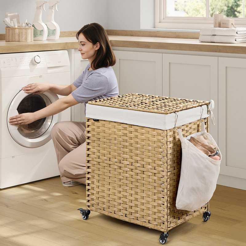 Laundry Hamper With Lid, 38.3 Gallons (145 L), Rolling Laundry Basket With Wheels, 2-Section Synthetic Rattan, Removable Liner, Bedroom, 21.7 X 15.7 X 26 Inches
