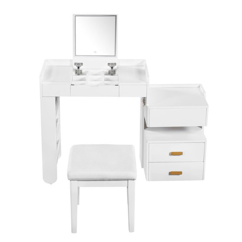 Meuble-lavabo 3 en 1 avec miroir rabattable, éclairage DEL, longueur réglable et tiroirs spacieux - Coiffeuse multifonctionnelle élégante pour la maison, blanc