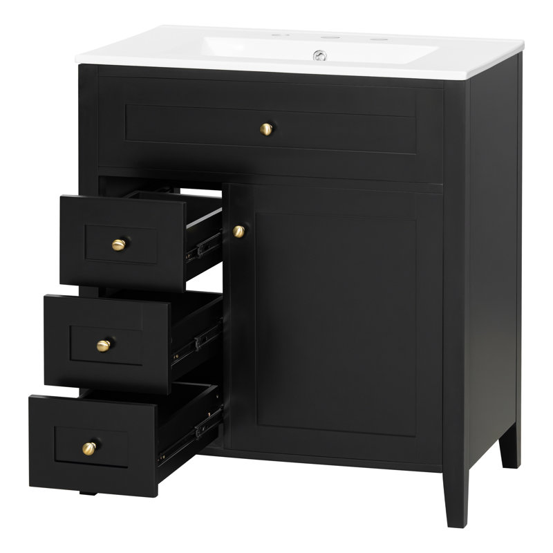 Meuble-lavabo autoportant de 30 po avec lavabo et meuble-lavabo moderne en bois d'hévéa et en bois franc avec 3 tiroirs et une tablette réglable pour beaucoup de rangement et d'organisation