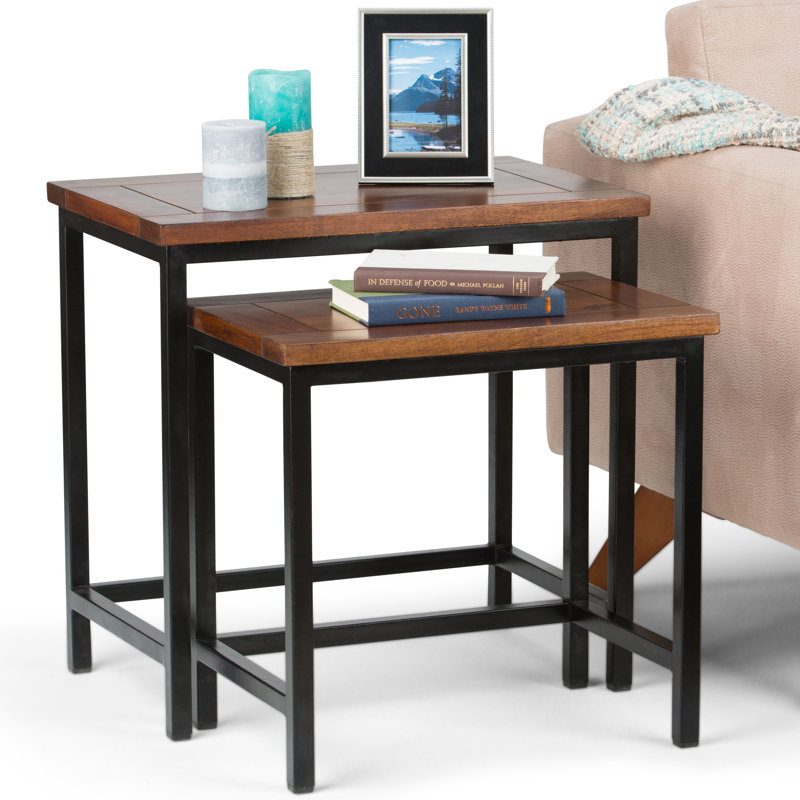 Skyler 25"W Solid Mango Wood and Metal Industrial Nesting End Table Set with Stylish Design, Dark Cognac Brown