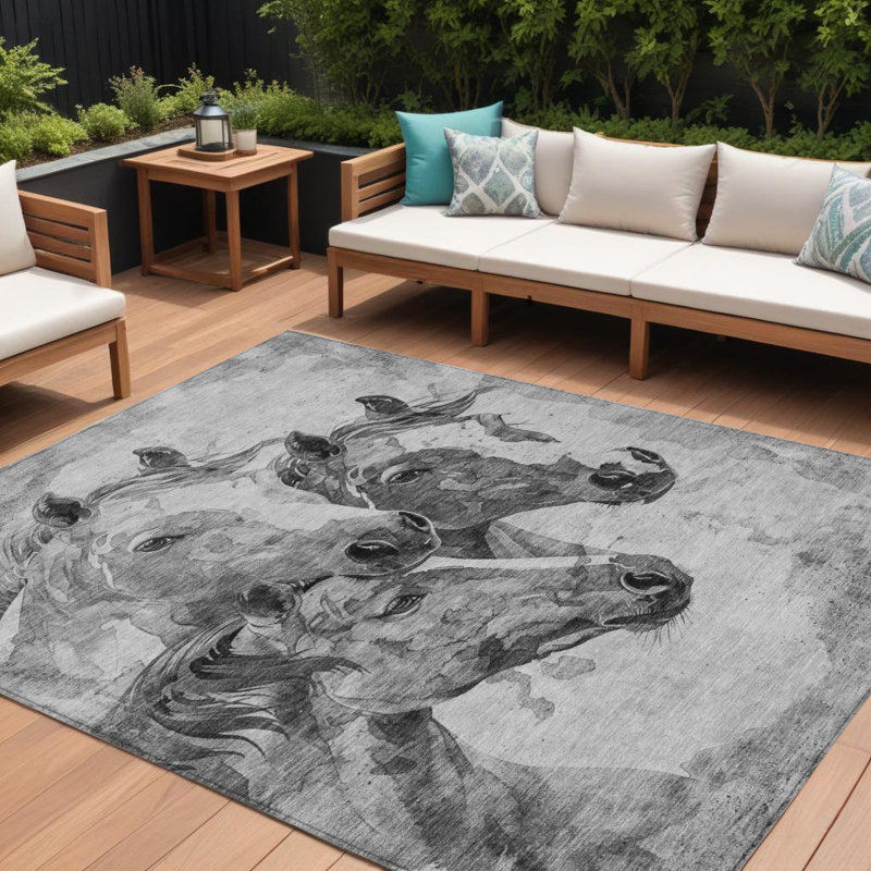 Tapis extérieur lavable à motif de chevaux gris et argent 10 pi x 14 pi