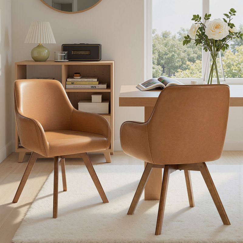 Advika 4.3" Thick Sponge Cushioned Seat, Mid-Century Modern Swivel Dining Chair, 360° Rotating Upholstered Armchair With PU Leather, Beech Wood Legs, Ergonomic High Back & Armrests, Comfortable Accent Chair