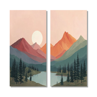 «Rose and Blue Summer Mountain and Lake Scenery», art sur toile montagne, art mural paysage rose 2 pièces