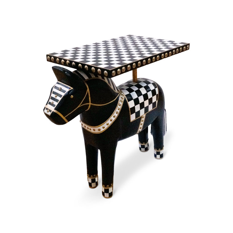Mocha Check Carved Horse Table, Black/White/Gold