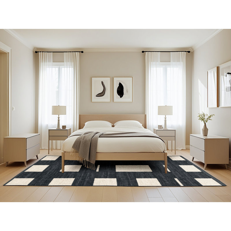 Tapis damier noir lavable à la machine, Rectangle 5 pi x 8 pi
