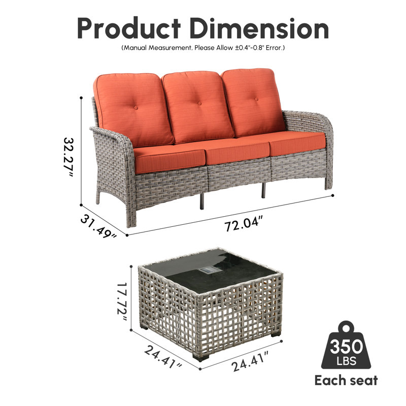 Ensemble de conversation à 3 places pour canapé en osier / rotin avec table basse lumineuse et coussins Emroy, Orange-rouge