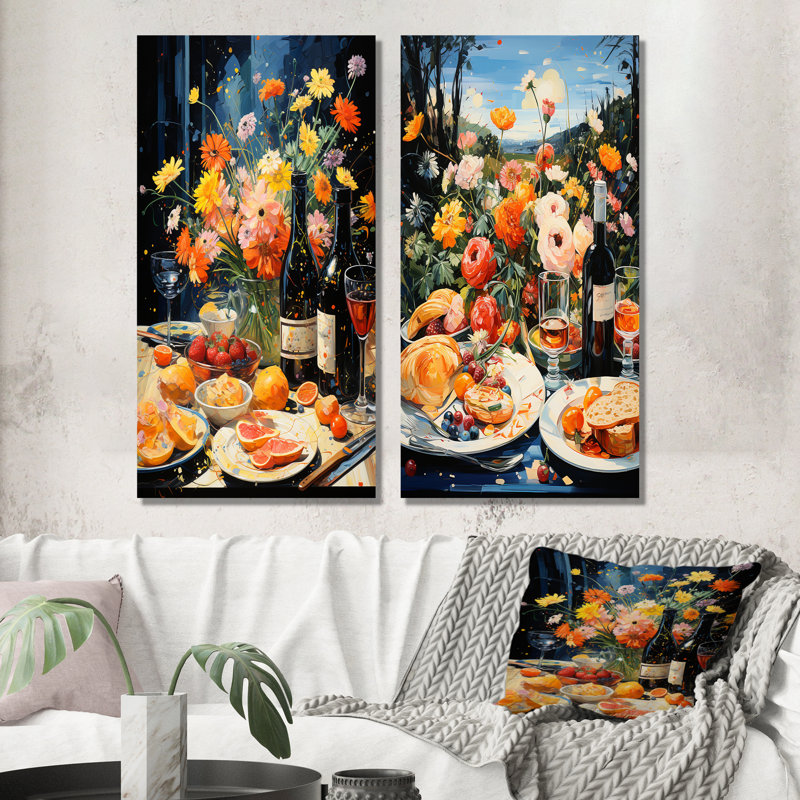 Pique-nique français à Bordeaux - ensemble de 2 décorations murales repas et pique-niques, Toile tendue, H 28 po x l 25 po