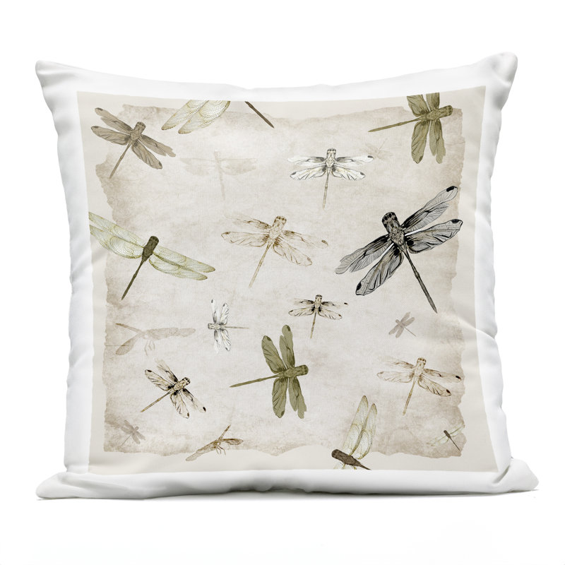 Glide In Grace Dragonflies Outdoor Printed Pillow design by Jacob Q, Beige/Black Dragonflies