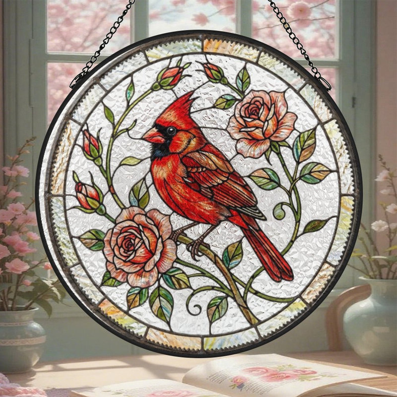 Oiseau cardinal rouge (4) _1 vitrail Suncatcher pour décor de fenêtre, 7,8 x 7,8 po (20 x 20 cm)
