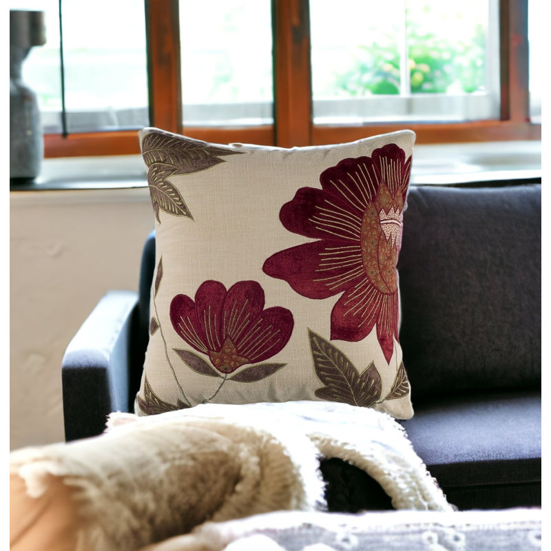 Beige and Red Floral Embroidered Cotton Velvet Pillow 18"