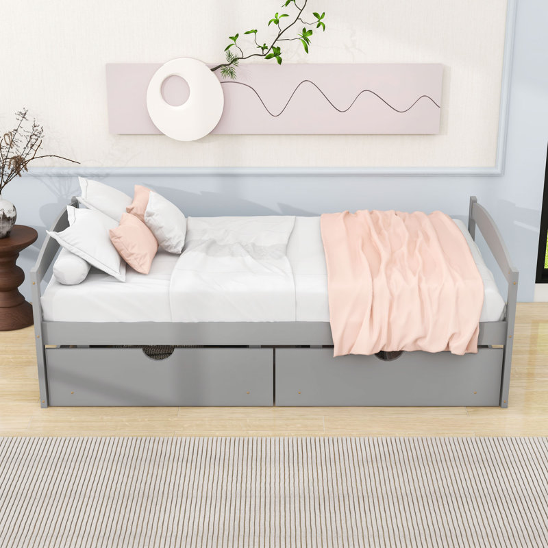 Lit plateforme simple en bois 2 tiroirs avec pieds centraux, tête de lit et pied de lit, Gris